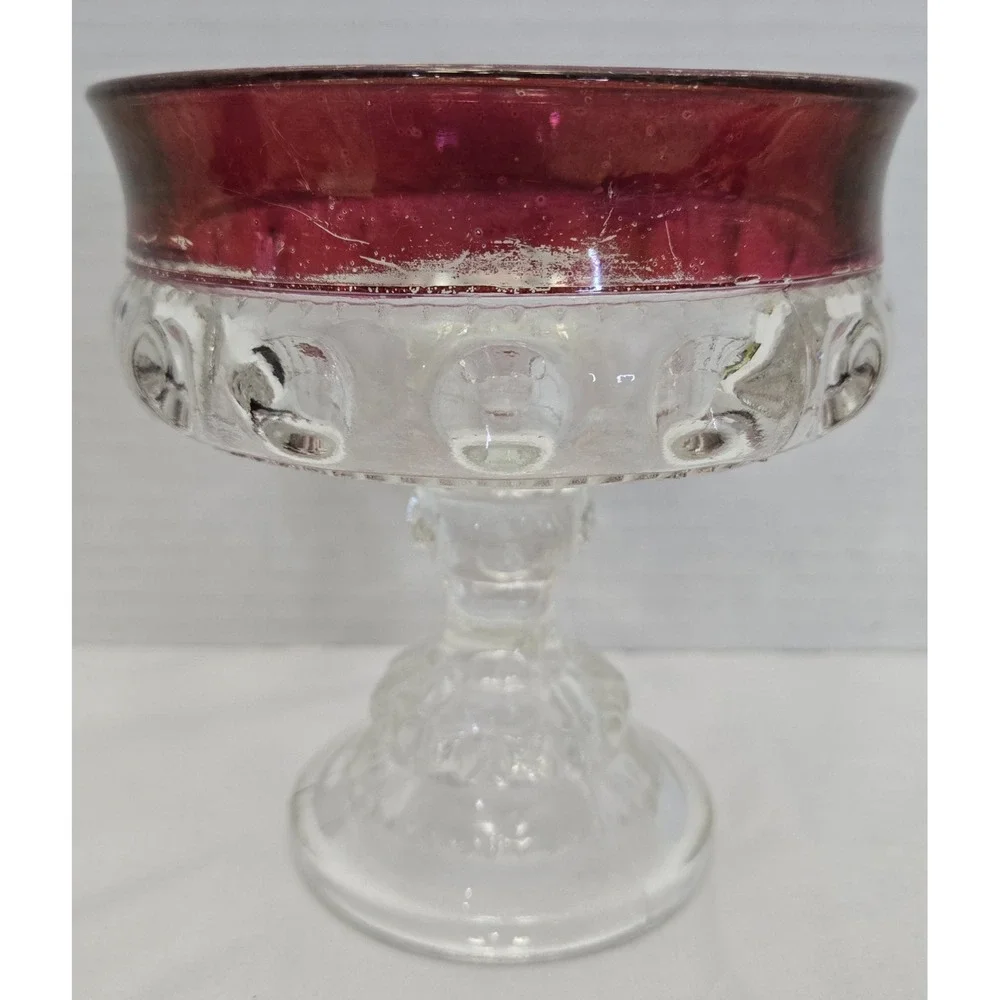 Vintage Indiana Glass King's Crown Ruby Flash Pedestal Compote Candy Dish Bowl